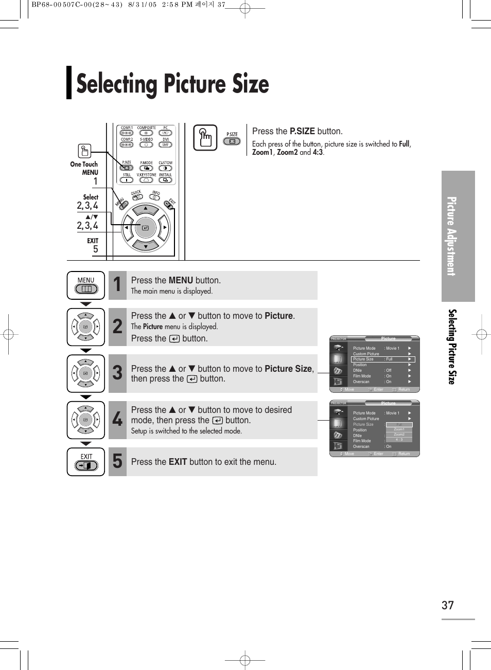 Selecting picture size, 37 picture adjustment, Press the p.size button | Press the menu button, Press the ▲ or ▼ button to move to picture, Press the button, Press the exit button to exit the menu | Samsung SPH700AEX-XAA User Manual | Page 37 / 84