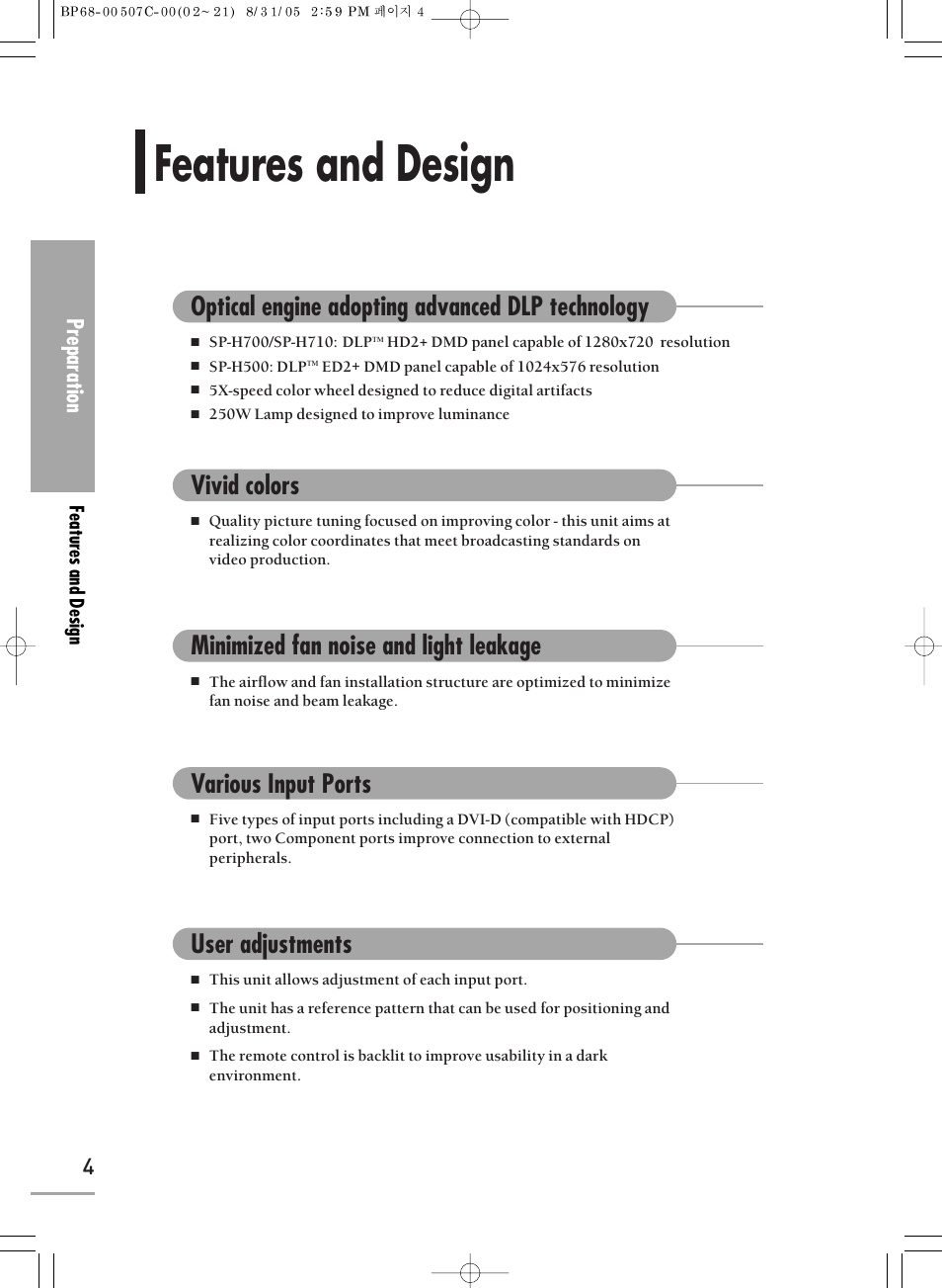 Features and design, Optical engine adopting advanced dlp technology, Vivid colors | Minimized fan noise and light leakage, Various input ports, User adjustments, Preparation | Samsung SPH700AEX-XAA User Manual | Page 4 / 84