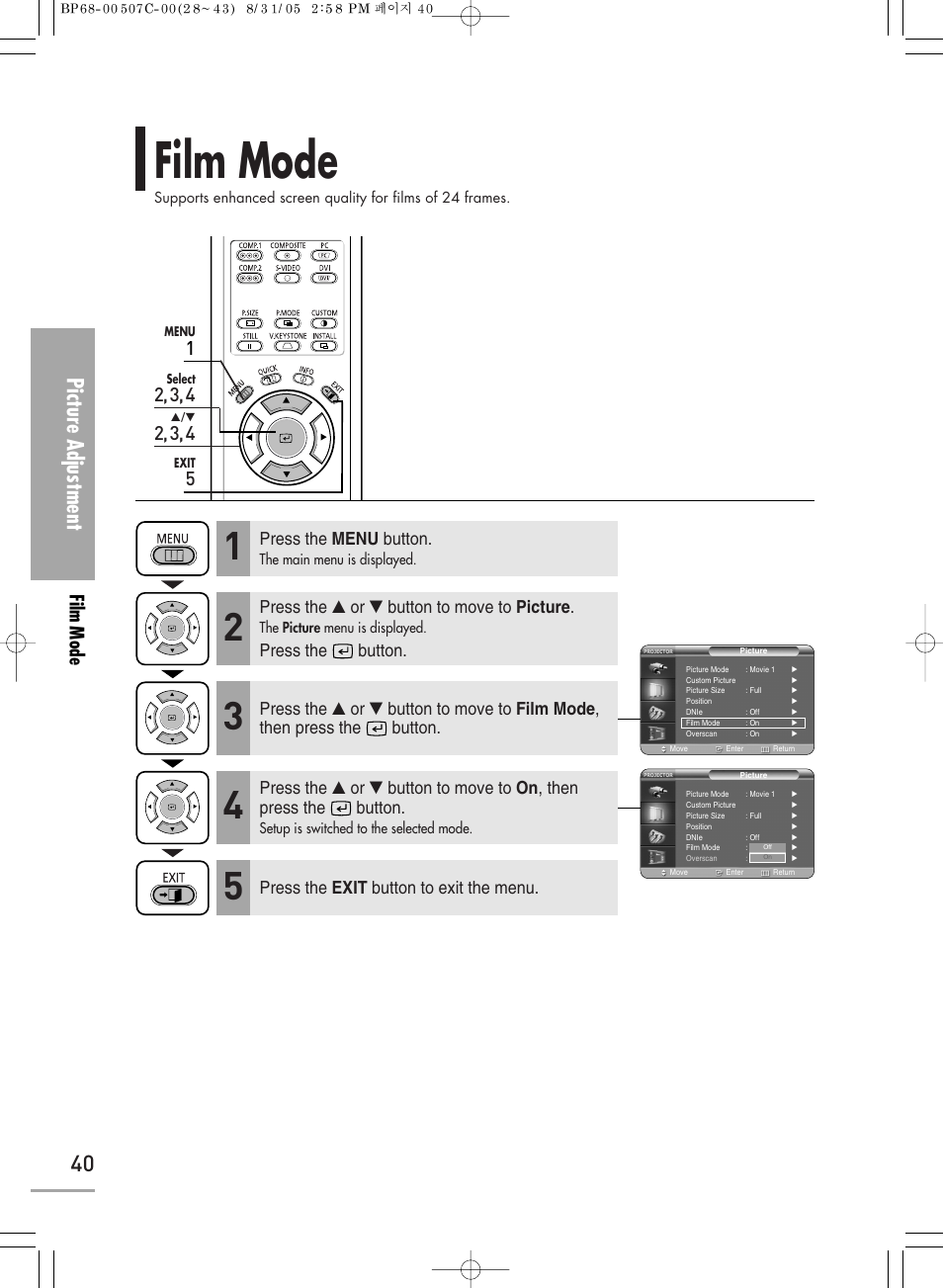 Film mode, Picture adjustment, Press the menu button | Press the ▲ or ▼ button to move to picture, Press the button, Press the exit button to exit the menu | Samsung SPH700AEX-XAA User Manual | Page 40 / 84