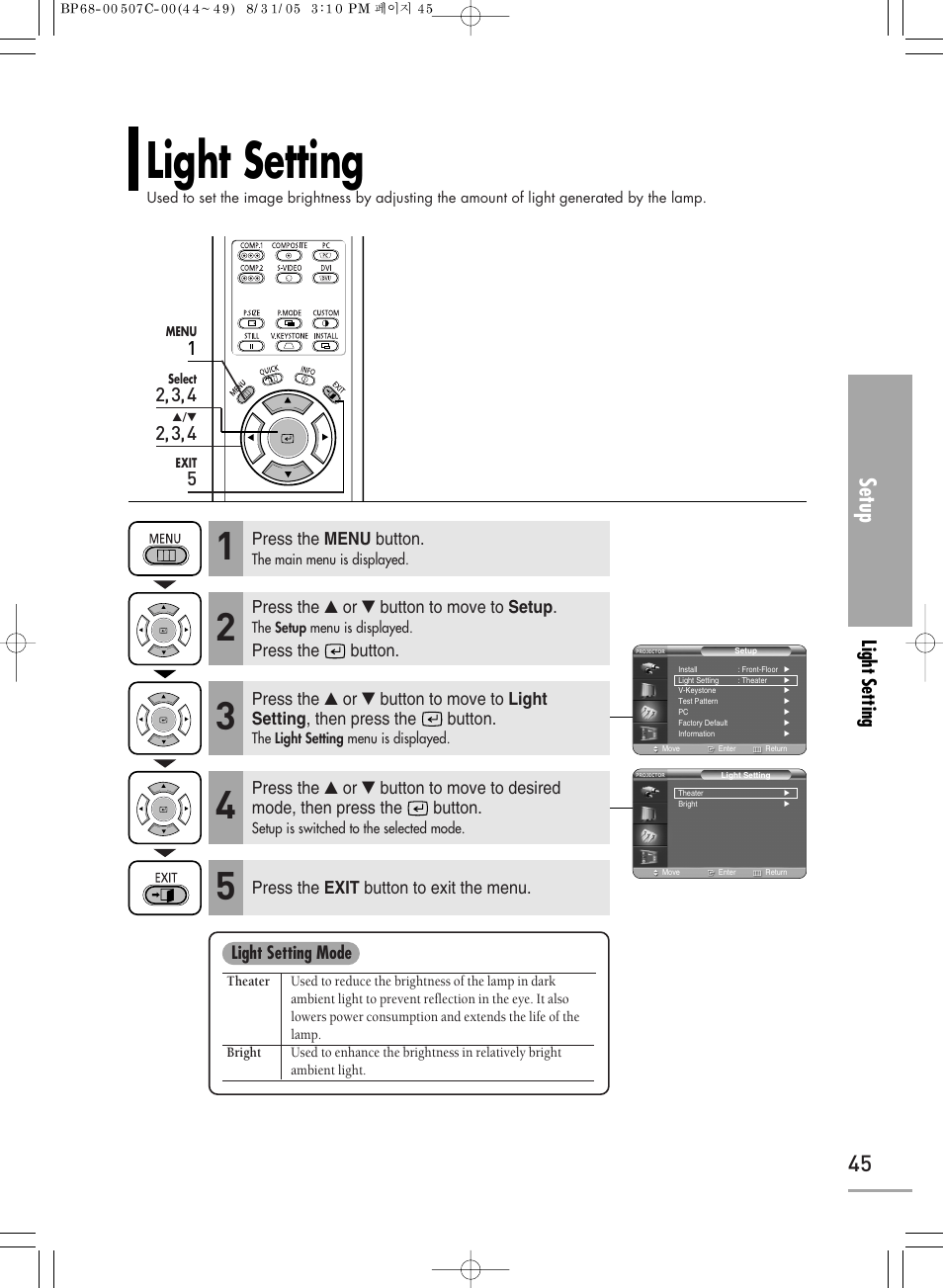 Light setting, Setup | Samsung SPH700AEX-XAA User Manual | Page 45 / 84