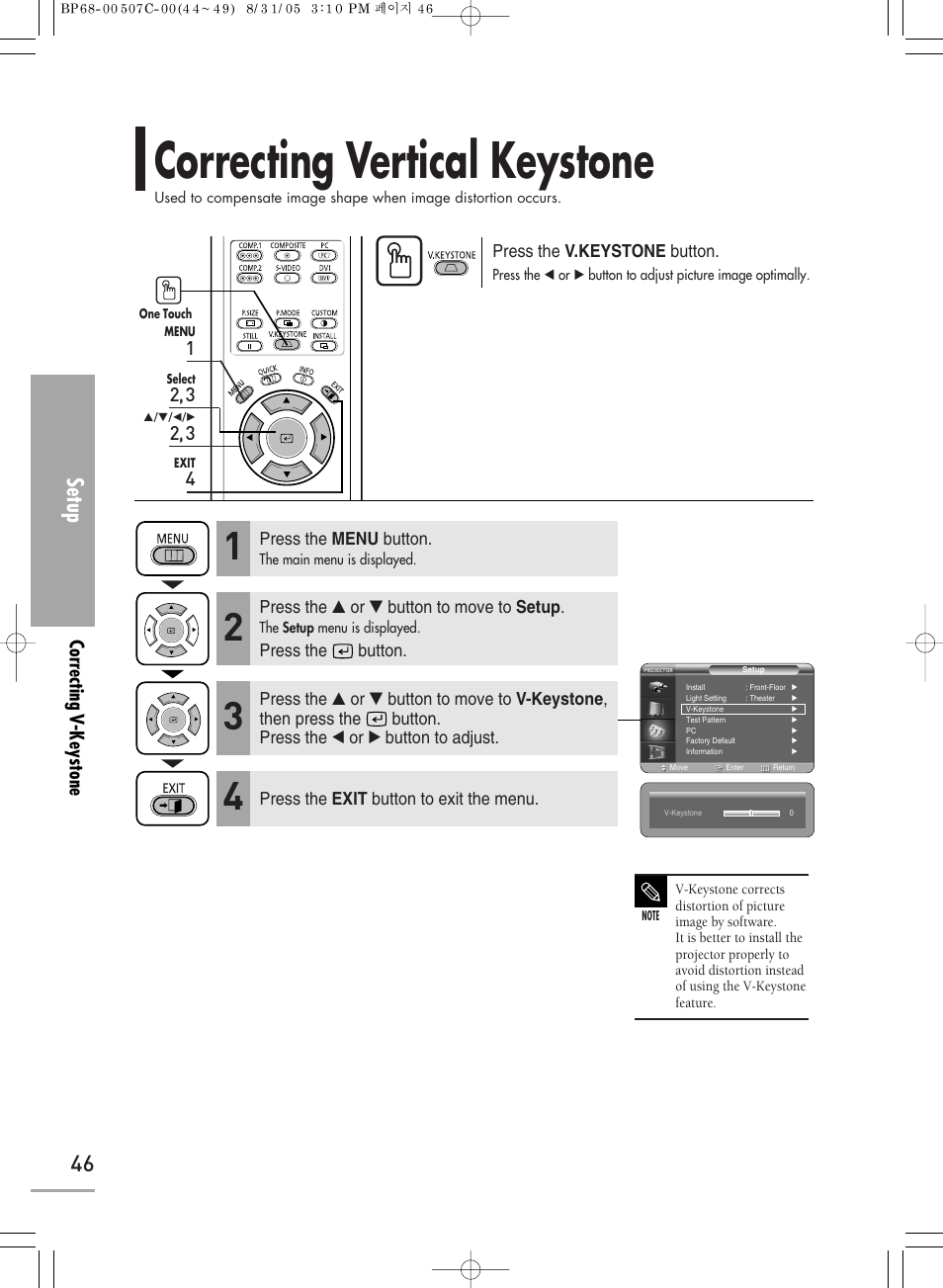 Correcting vertical keystone, Setup | Samsung SPH700AEX-XAA User Manual | Page 46 / 84