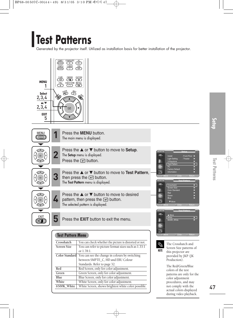 Test patterns, Setup, Press the menu button | Press the ▲ or ▼ button to move to setup, Press the button, Press the exit button to exit the menu, Test pattern menu | Samsung SPH700AEX-XAA User Manual | Page 47 / 84