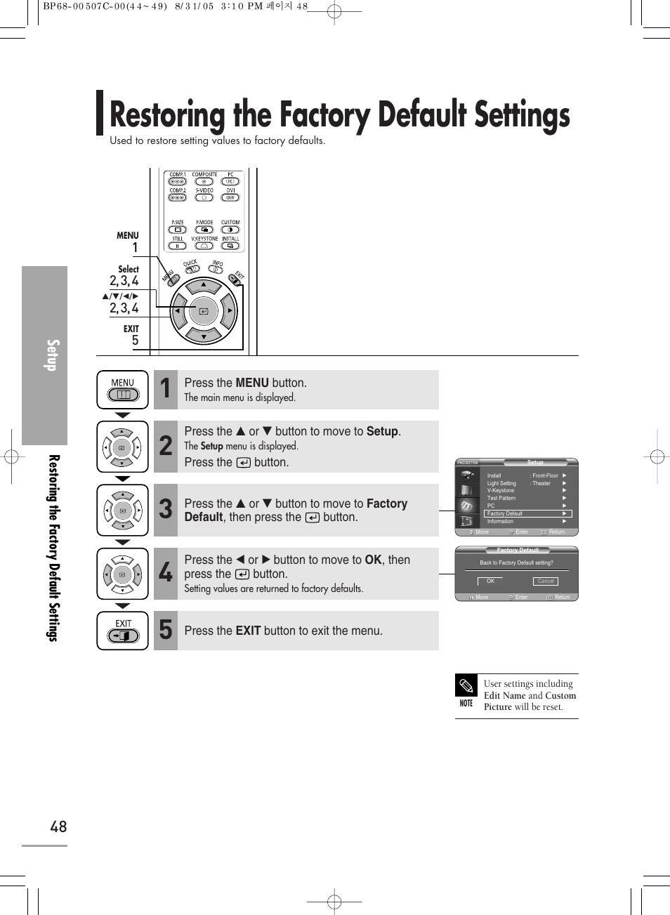 Restoring the factory default settings, Setup, Restoring the factor y default settings | Samsung SPH700AEX-XAA User Manual | Page 48 / 84
