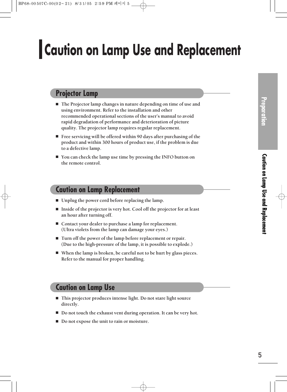 Caution on lamp use and replacement, Projector lamp, Caution on lamp replacement | Caution on lamp use, Preparation | Samsung SPH700AEX-XAA User Manual | Page 5 / 84