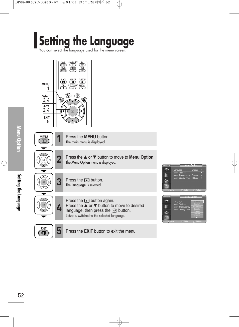 Setting the language, Menu option, Setting the language 1 | Samsung SPH700AEX-XAA User Manual | Page 52 / 84