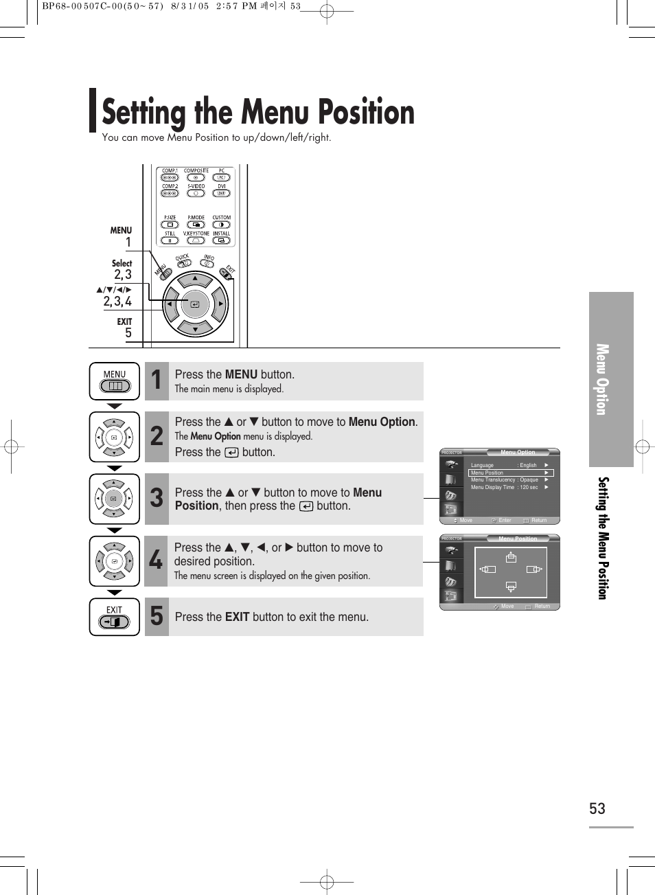 Setting the menu position, Menu option | Samsung SPH700AEX-XAA User Manual | Page 53 / 84