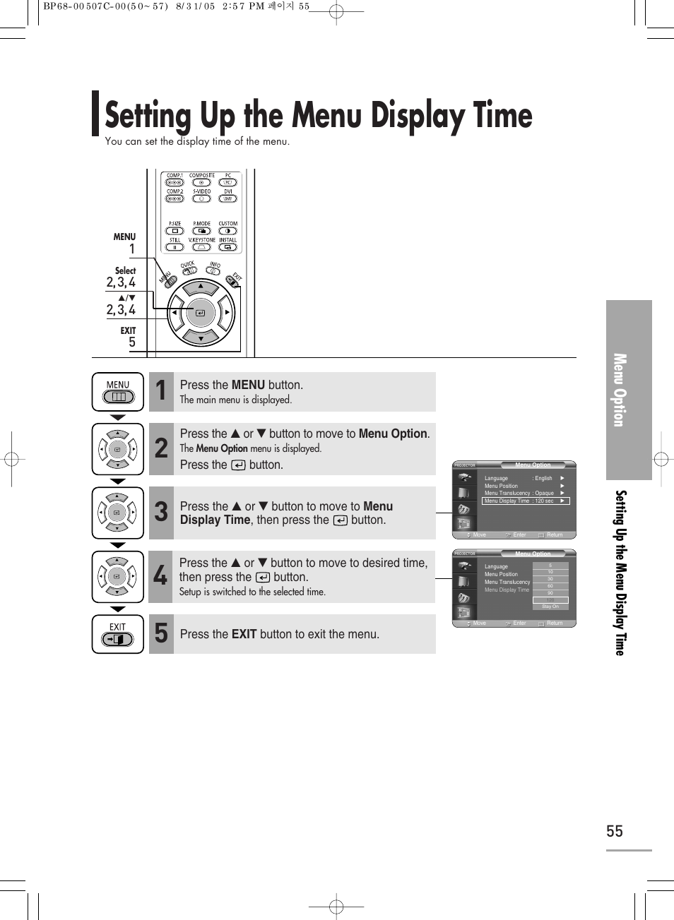 Setting the menu display time, Setting up the menu display time, Menu option | Setting up the menu display t ime 1 | Samsung SPH700AEX-XAA User Manual | Page 55 / 84