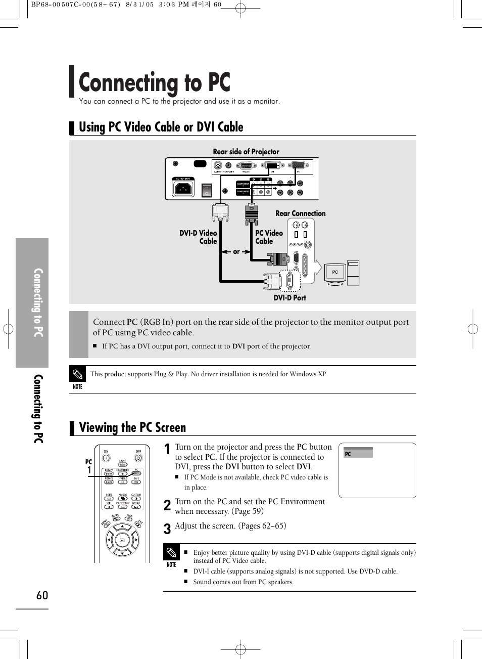 Connecting to pc, Using pc video cable or dvi cable, Viewing the pc screen | Connecting to pc 60 | Samsung SPH700AEX-XAA User Manual | Page 60 / 84