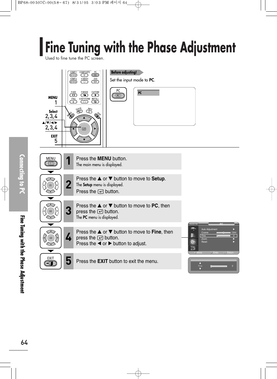 Fine tuning with the phase adjustment, Connecting to pc | Samsung SPH700AEX-XAA User Manual | Page 64 / 84