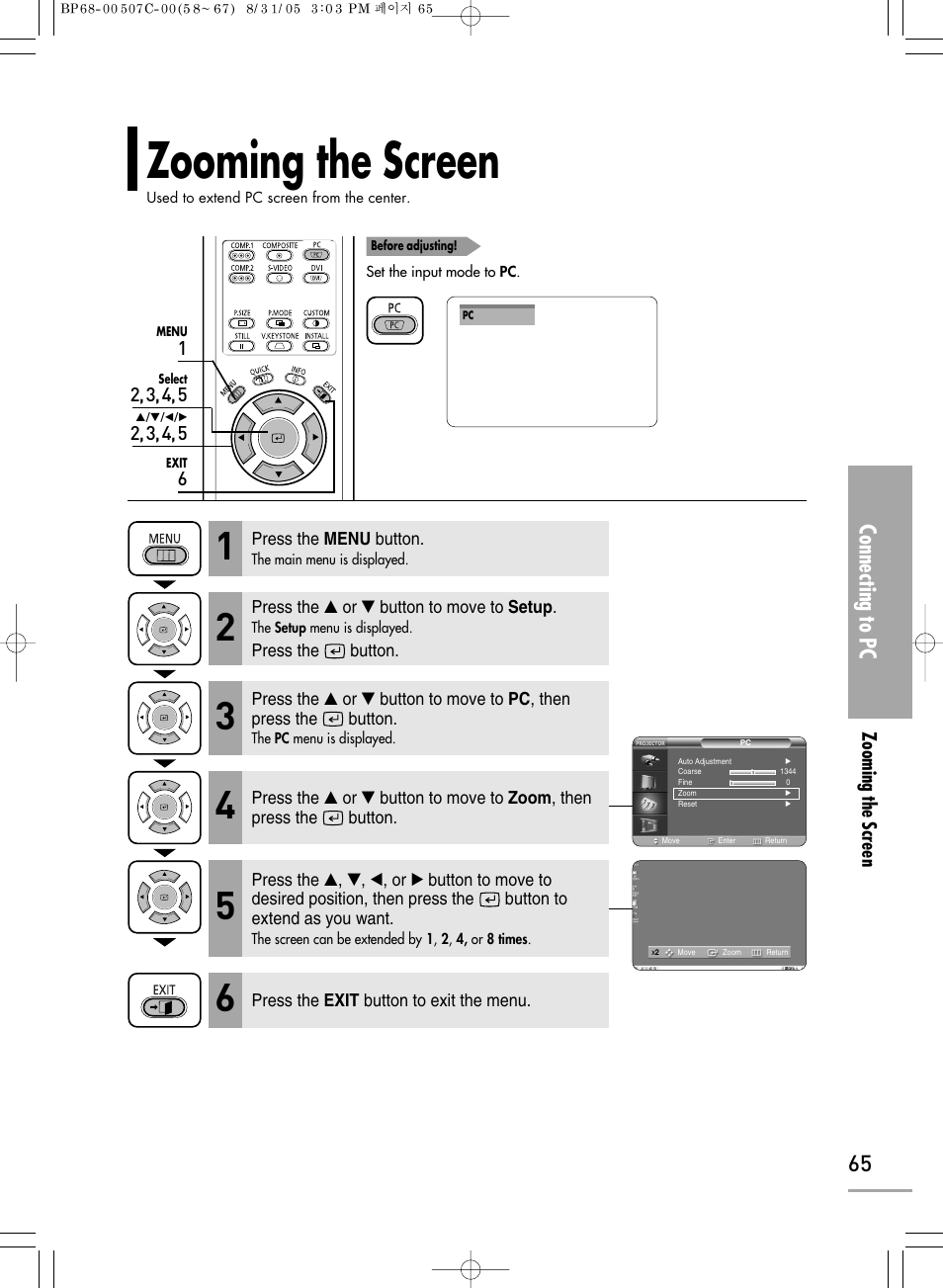 Zooming the screen, Connecting to pc | Samsung SPH700AEX-XAA User Manual | Page 65 / 84