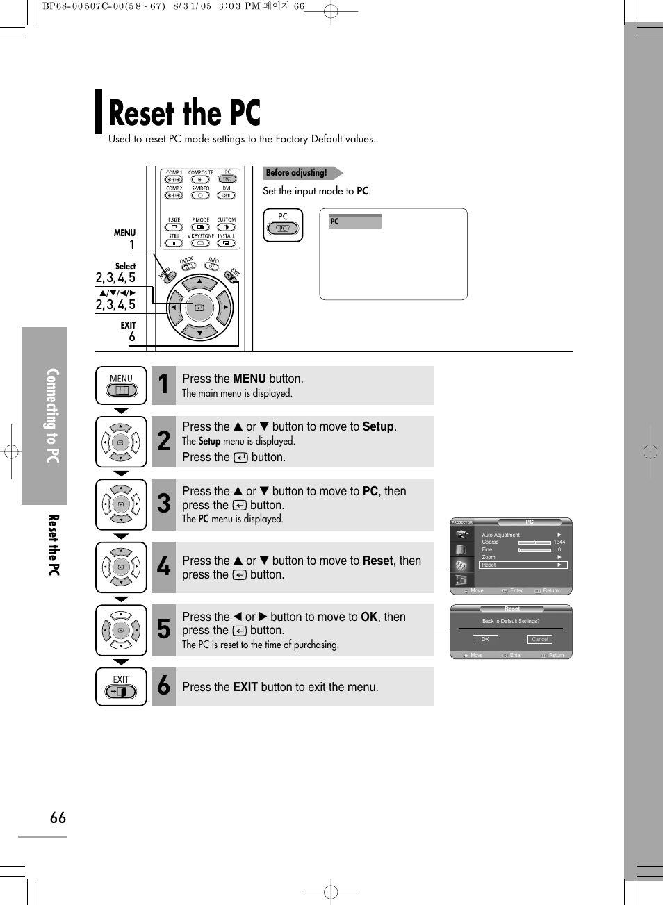 Reset the pc, Connecting to pc | Samsung SPH700AEX-XAA User Manual | Page 66 / 84