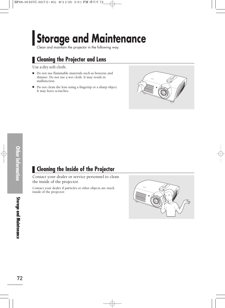 Storage and maintenance, Cleaning the projector and lens, Cleaning the inside of the projector | Samsung SPH700AEX-XAA User Manual | Page 72 / 84