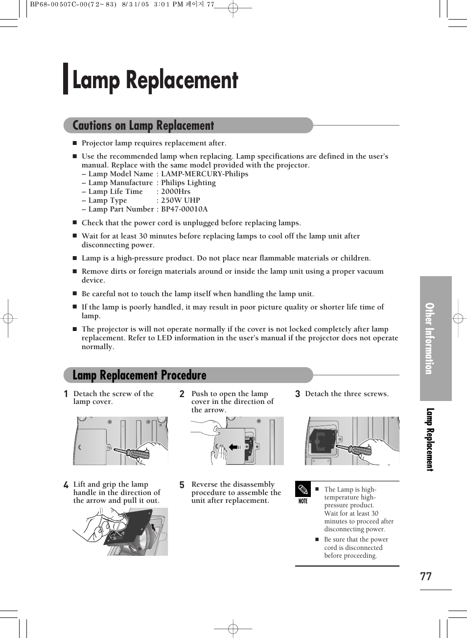 Lamp replacement, Other information | Samsung SPH700AEX-XAA User Manual | Page 77 / 84