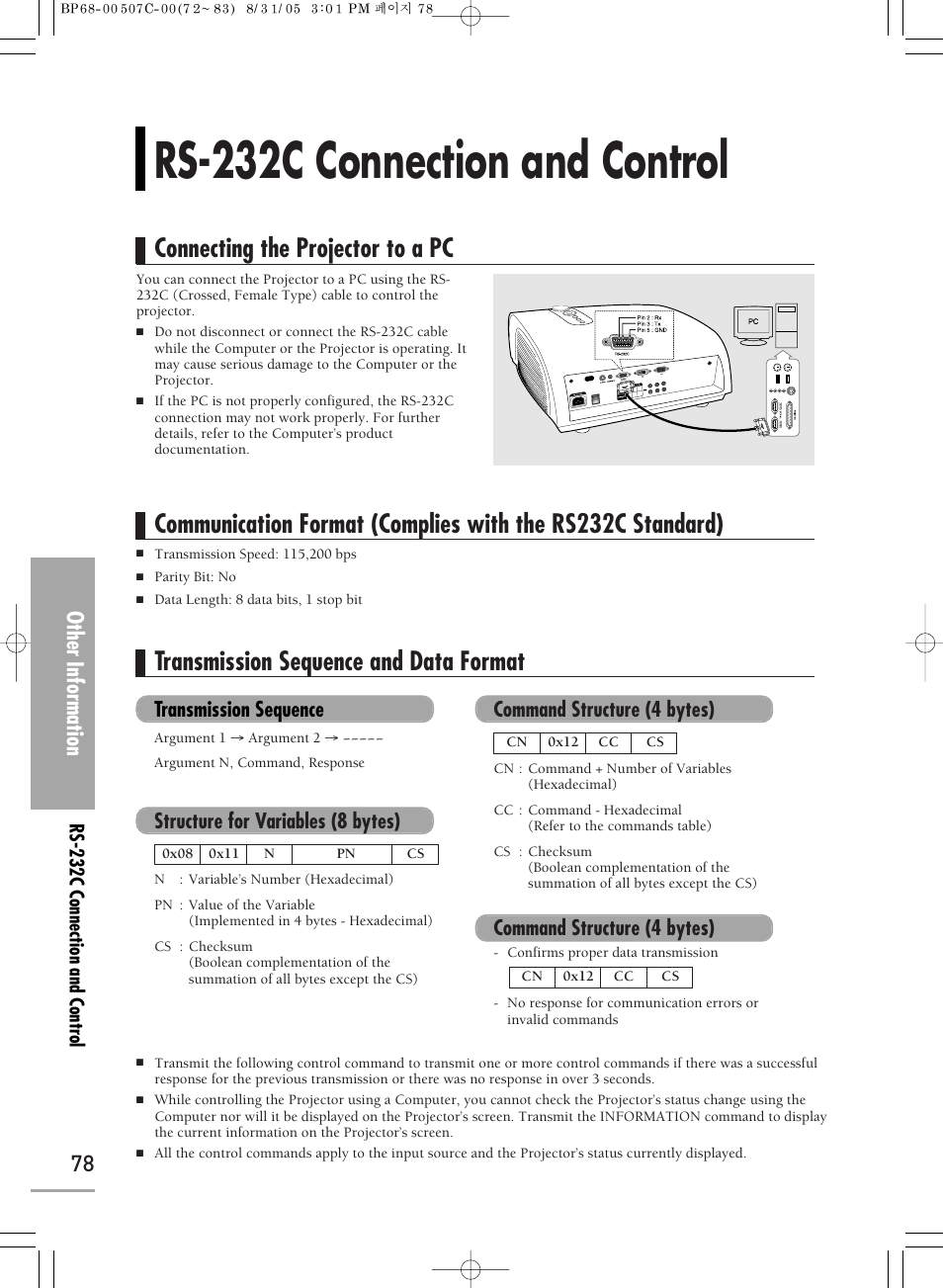 Rs-232c connection and control, Connecting the projector to a pc, Transmission sequence and data format | Other information, Transmission sequence, Structure for variables (8 bytes), Command structure (4 bytes) | Samsung SPH700AEX-XAA User Manual | Page 78 / 84