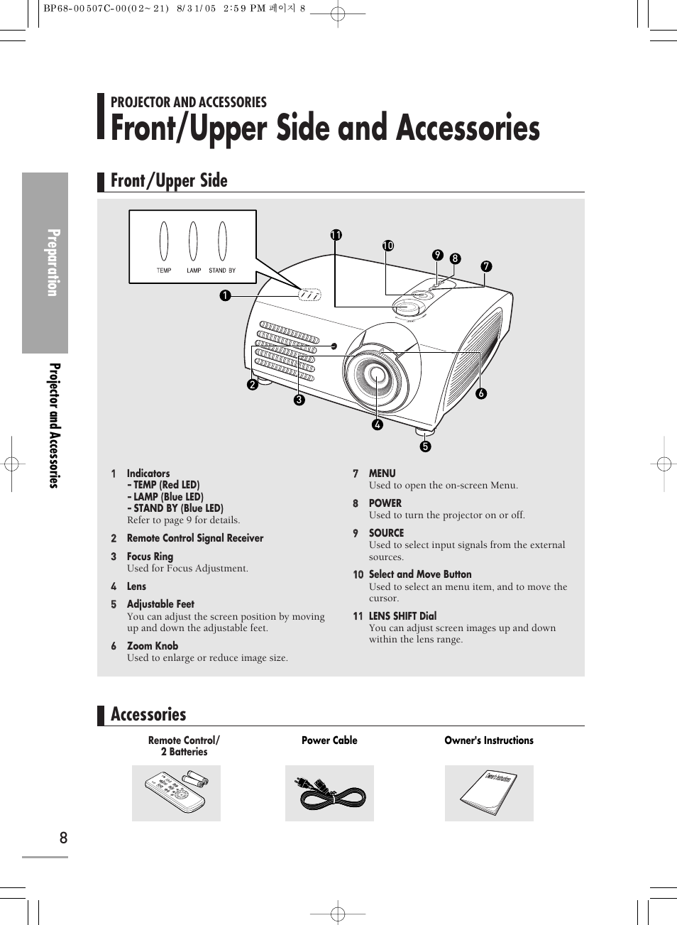 Projector and accessories, Front/upper side and accessories, Front/upper side | Accessories, Preparation | Samsung SPH700AEX-XAA User Manual | Page 8 / 84