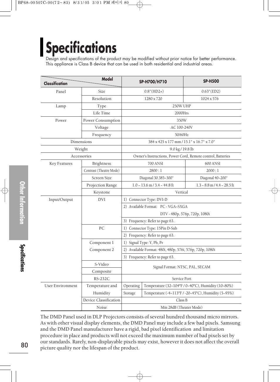 Specifications, Other information | Samsung SPH700AEX-XAA User Manual | Page 80 / 84