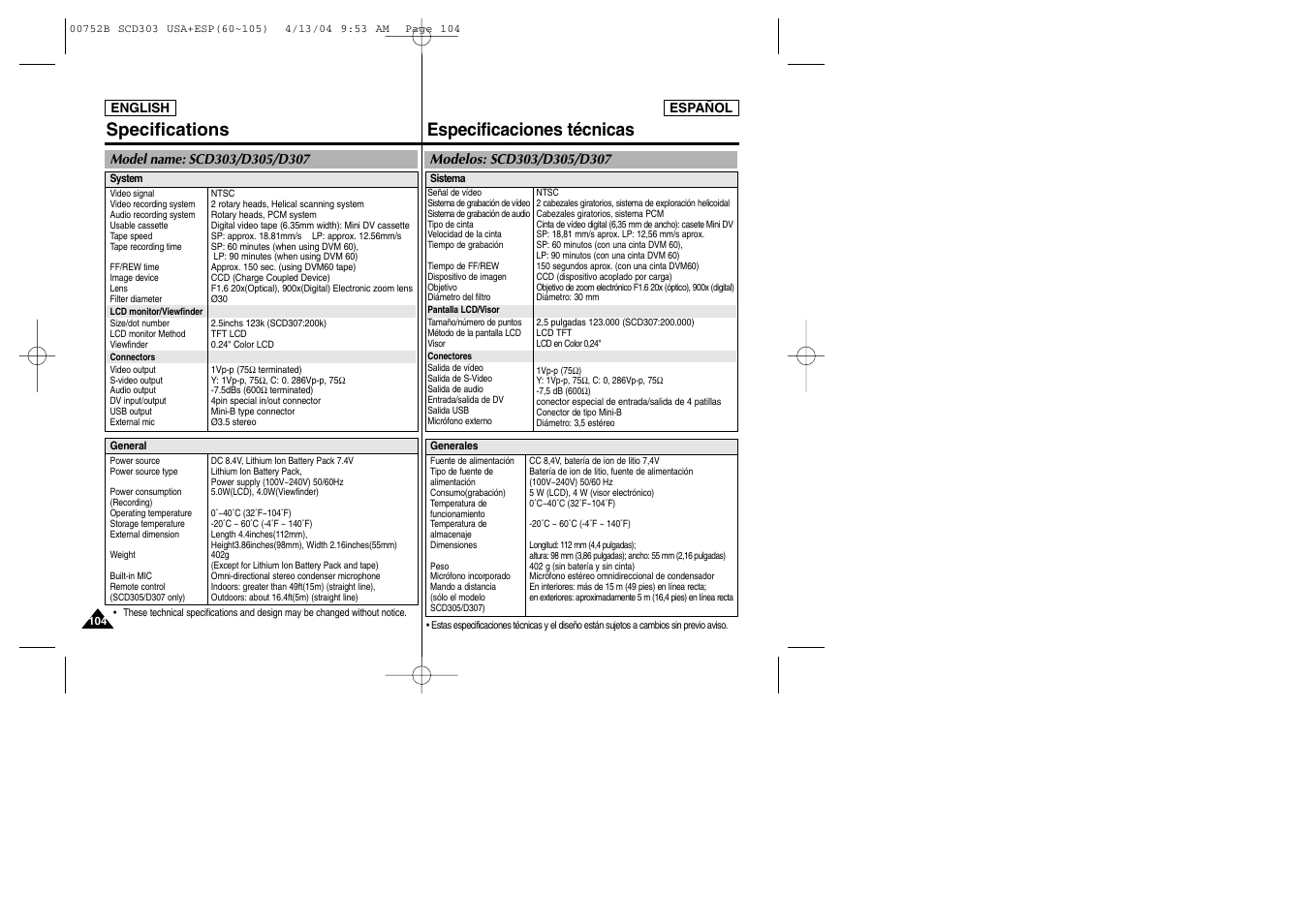Especificaciones técnicas specifications | Samsung SC-D305-XAP User Manual | Page 104 / 106