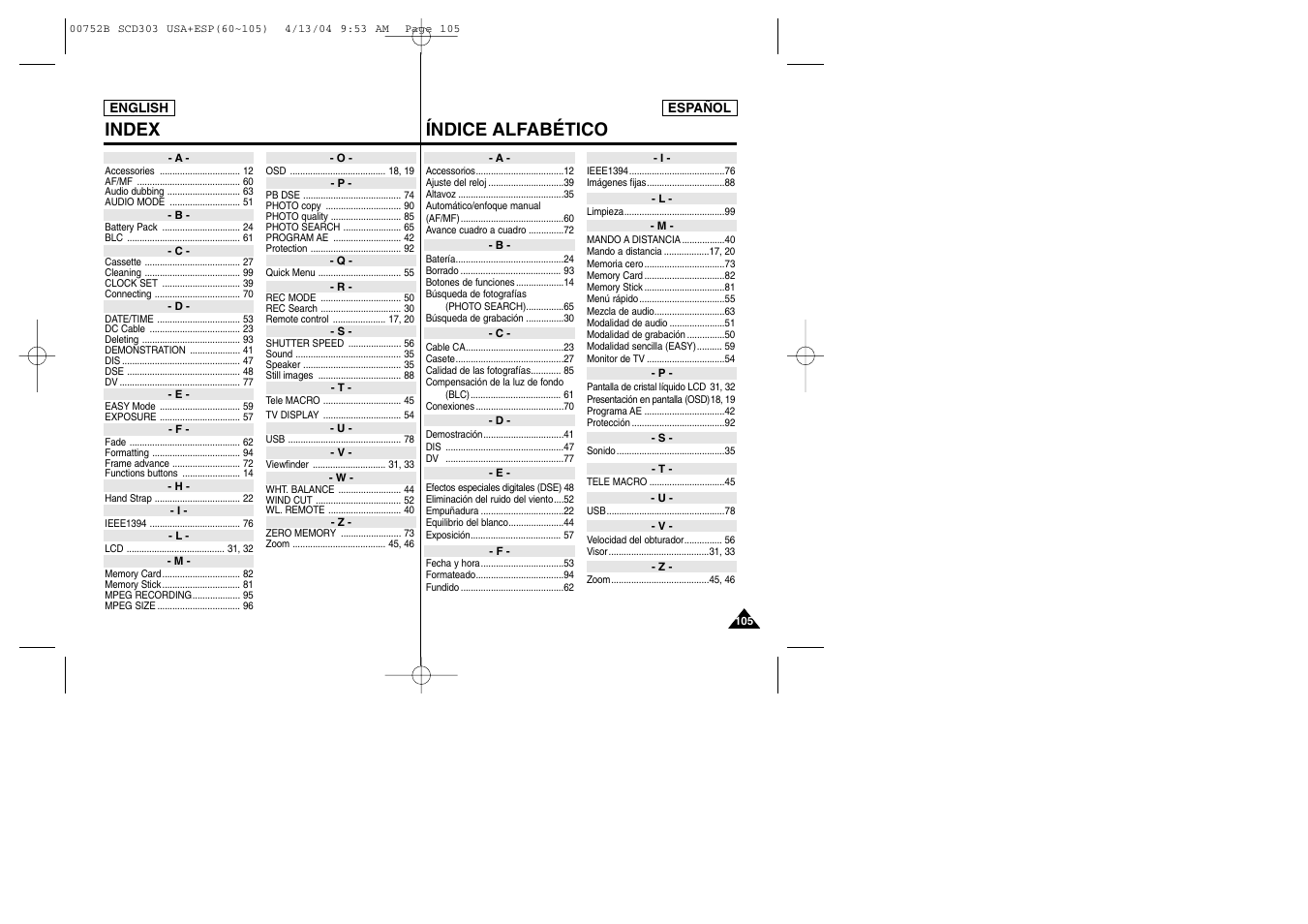 Índice alfabético index | Samsung SC-D305-XAP User Manual | Page 105 / 106