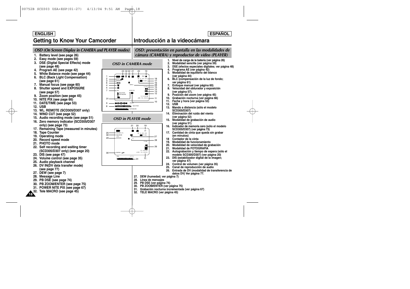 Osd (on screen display in camera and player modes), English español, Osd in camera mode | Osd in player mode | Samsung SC-D305-XAP User Manual | Page 18 / 106