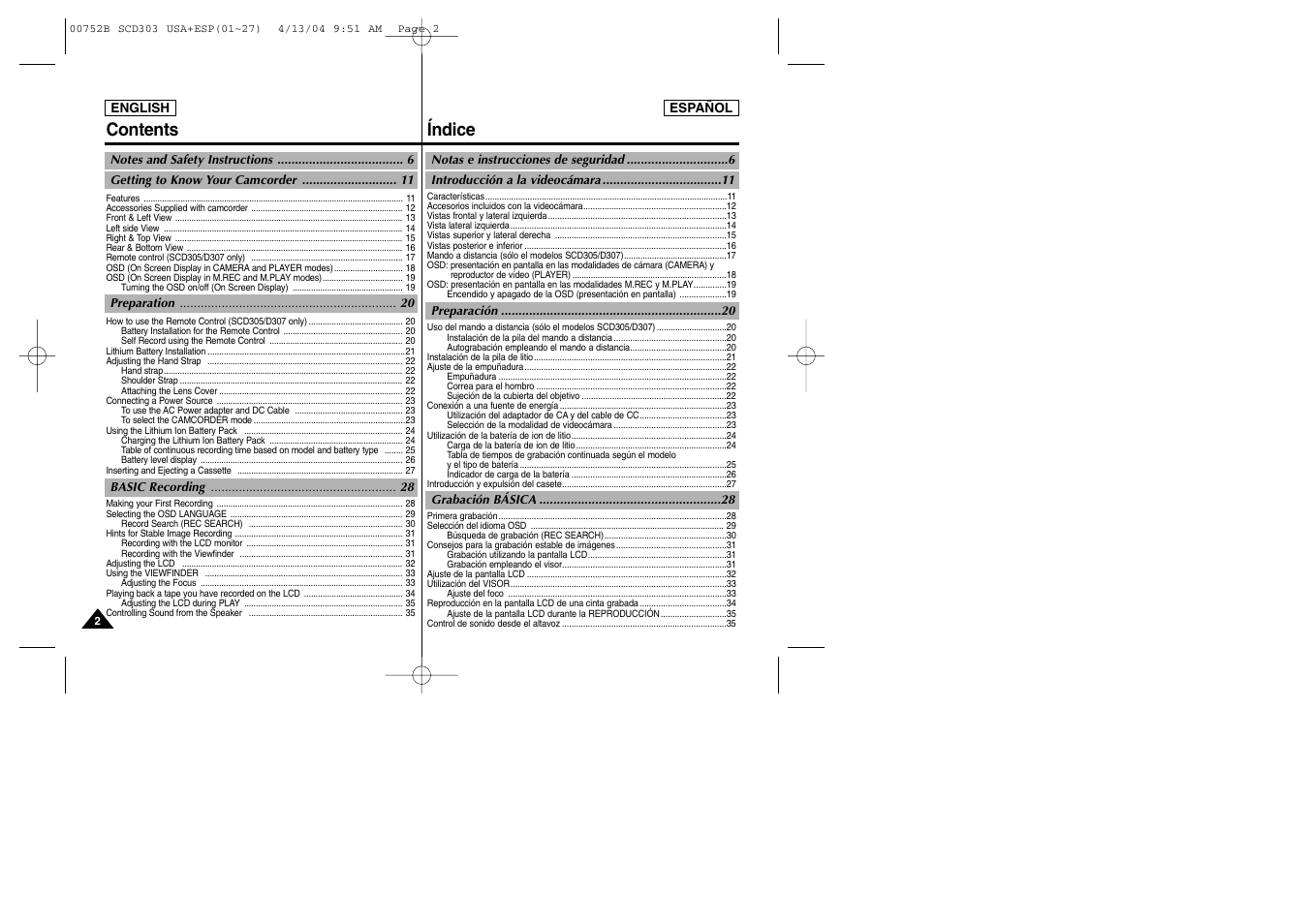 Índice contents | Samsung SC-D305-XAP User Manual | Page 2 / 106