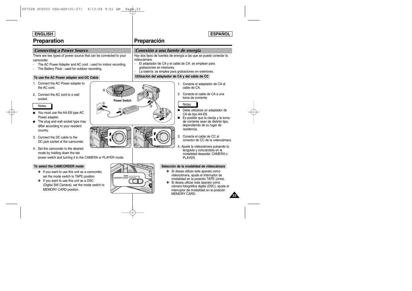 Preparación preparation | Samsung SC-D305-XAP User Manual | Page 23 / 106