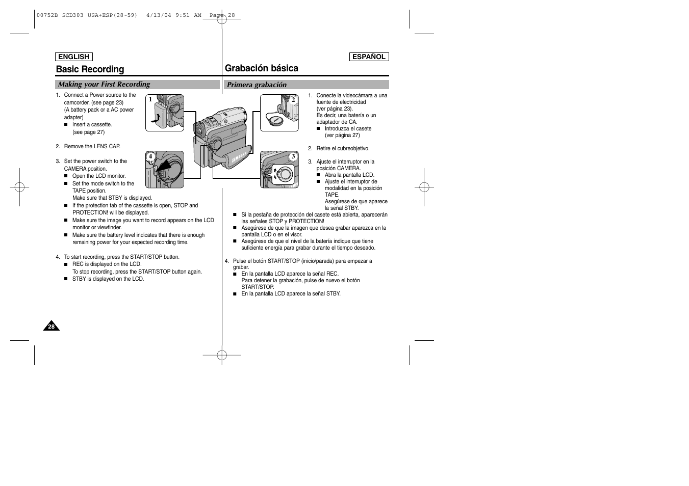 Basic recording, Grabación básica | Samsung SC-D305-XAP User Manual | Page 28 / 106