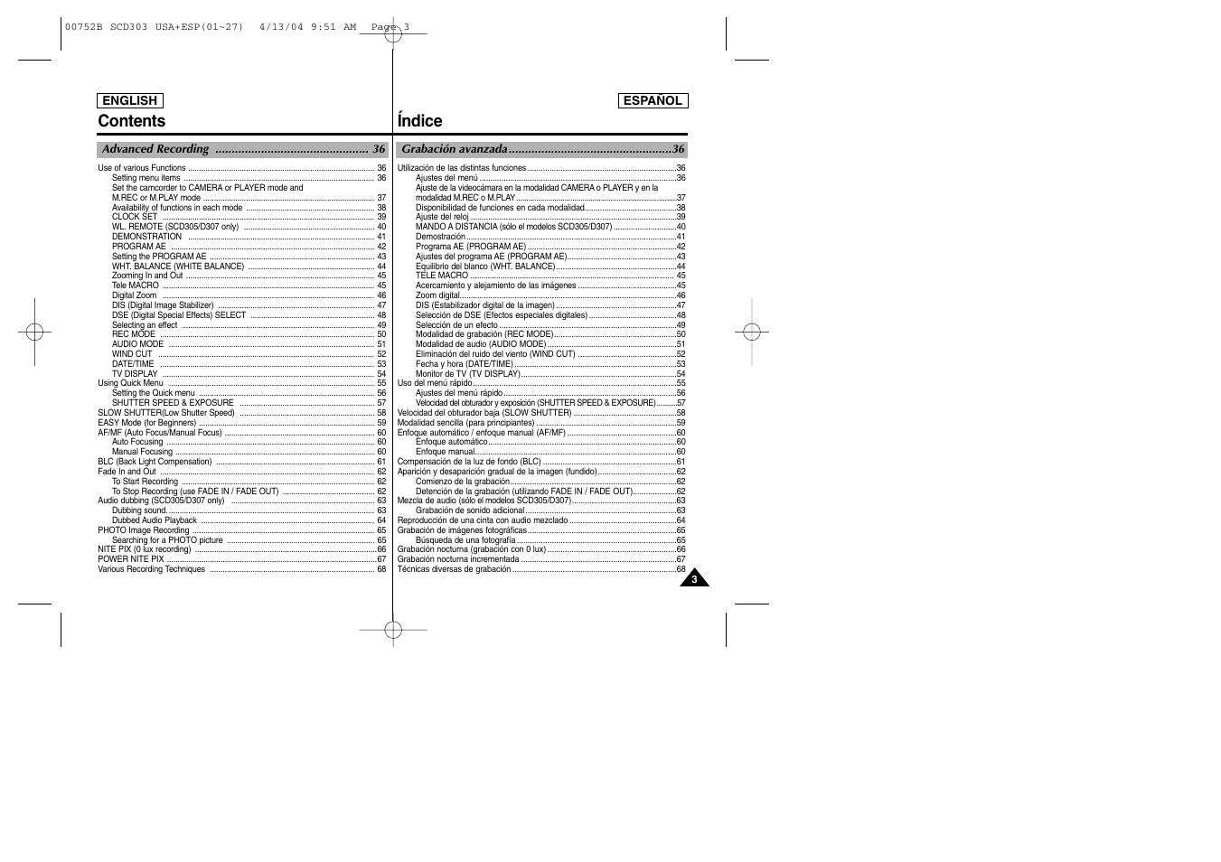 Índice contents | Samsung SC-D305-XAP User Manual | Page 3 / 106