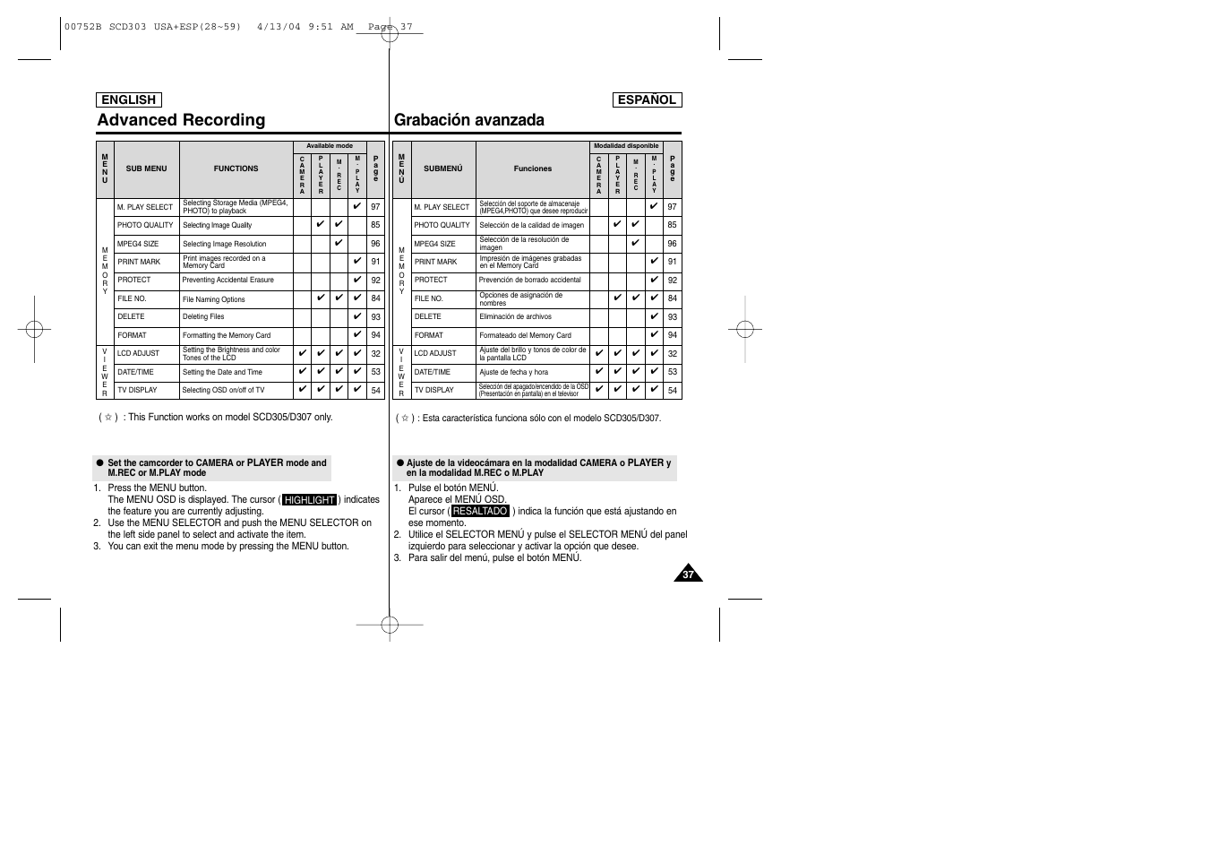 Advanced recording grabación avanzada | Samsung SC-D305-XAP User Manual | Page 37 / 106