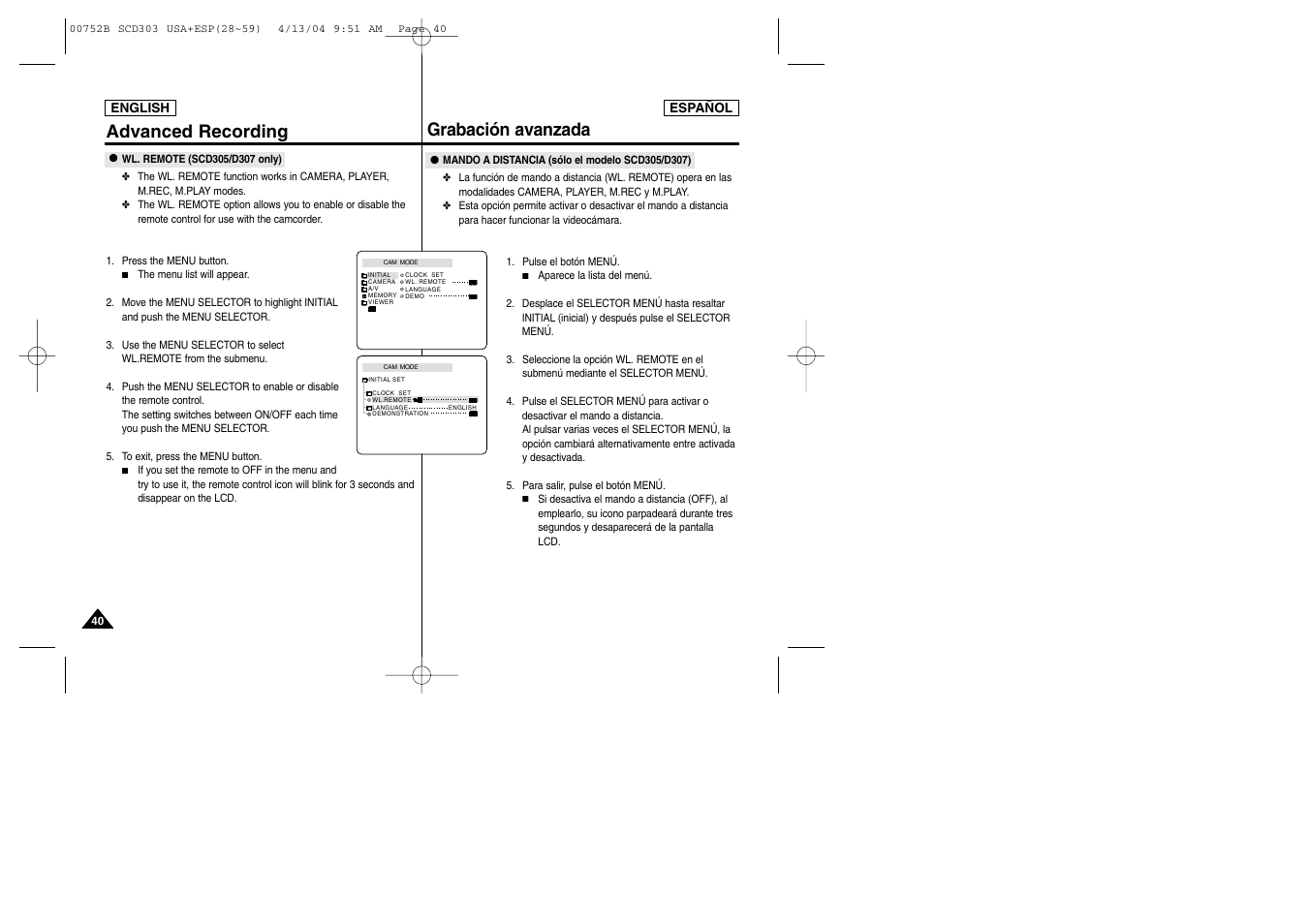 Advanced recording grabación avanzada | Samsung SC-D305-XAP User Manual | Page 40 / 106