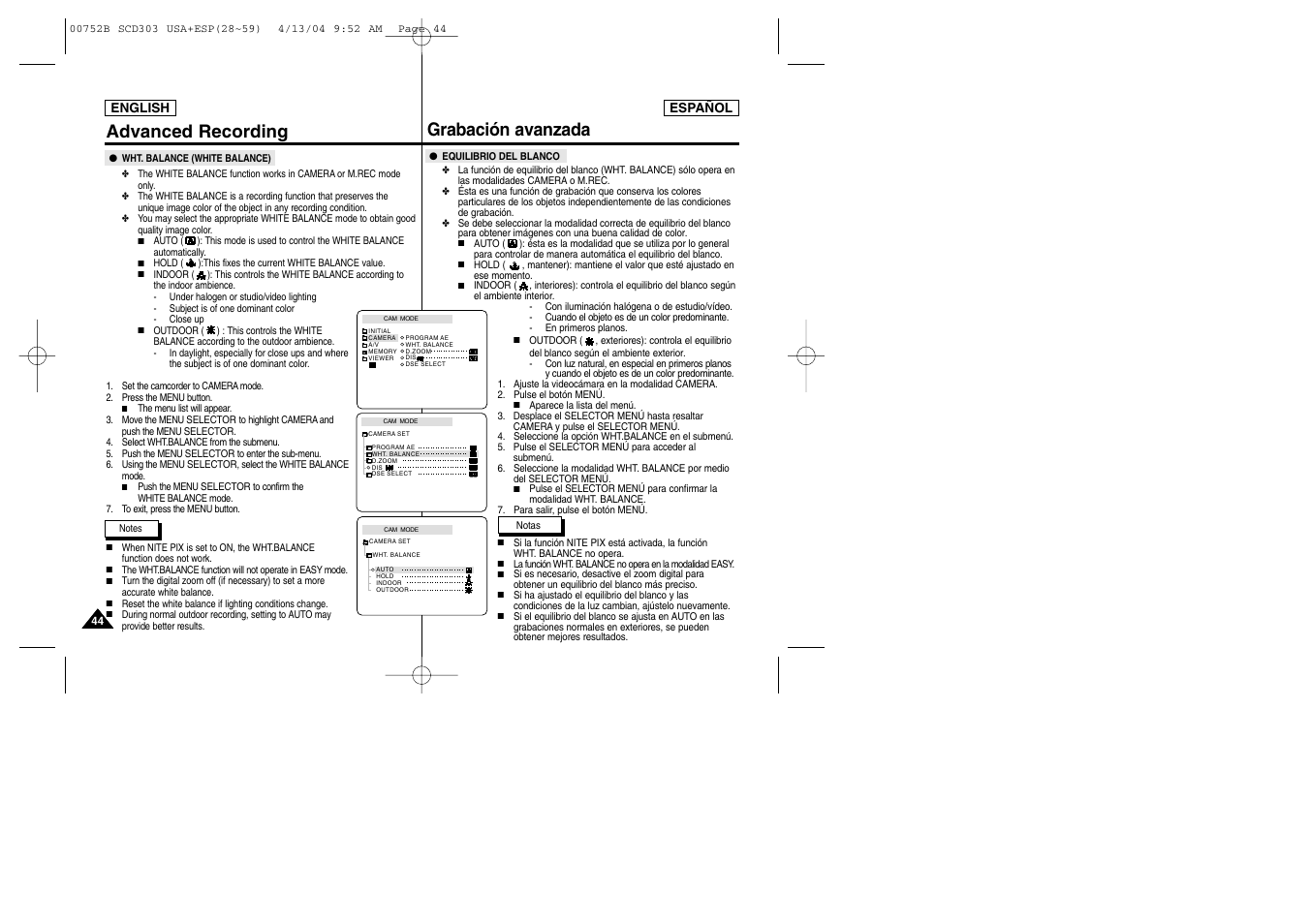 Advanced recording grabación avanzada | Samsung SC-D305-XAP User Manual | Page 44 / 106