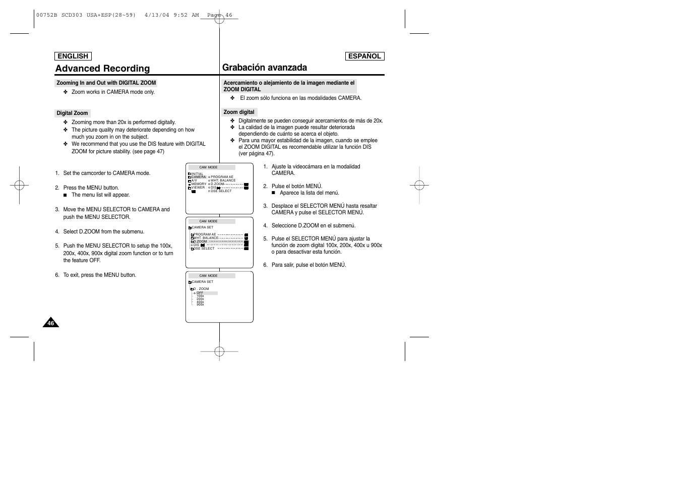 Advanced recording grabación avanzada | Samsung SC-D305-XAP User Manual | Page 46 / 106