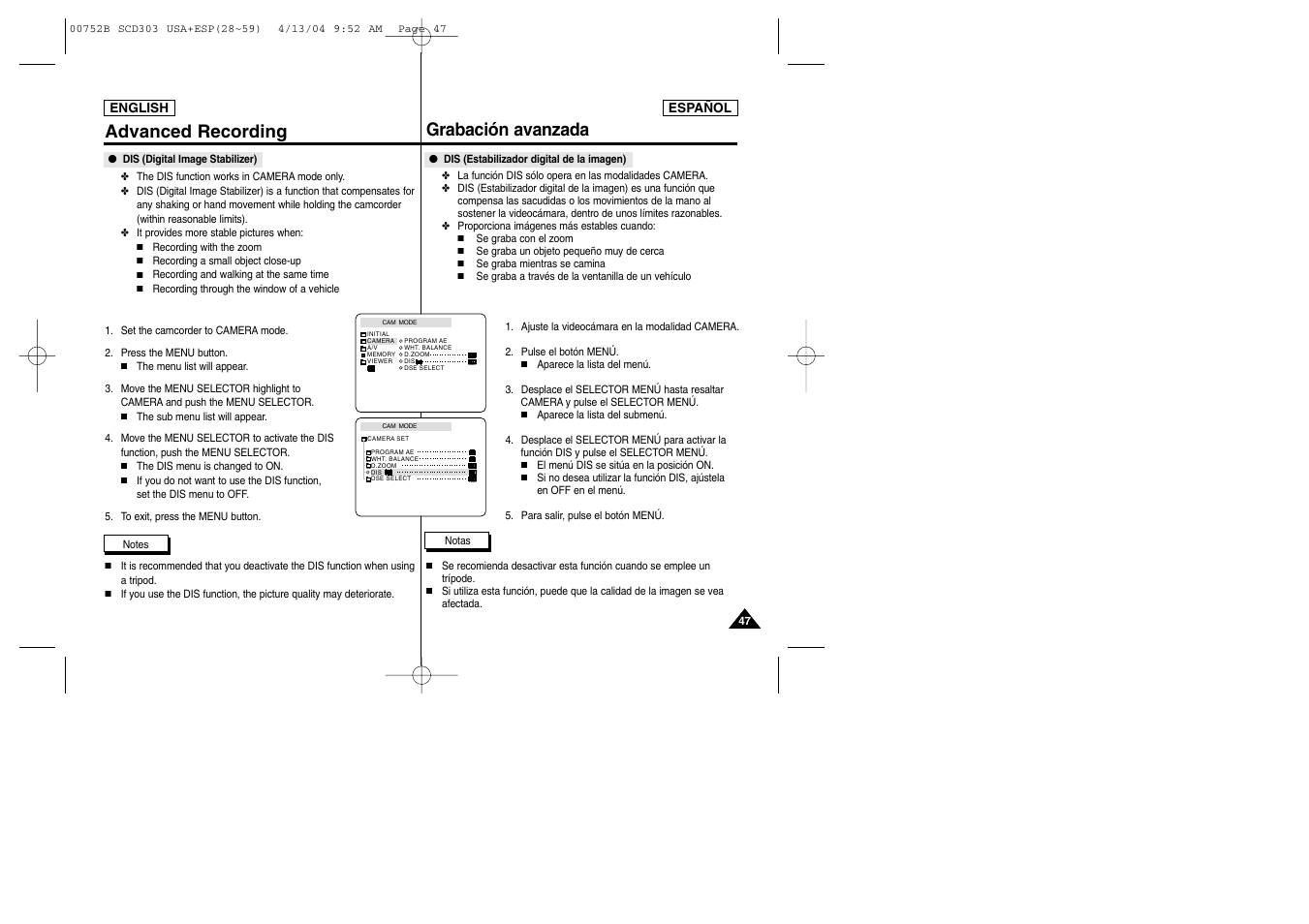 Advanced recording grabación avanzada | Samsung SC-D305-XAP User Manual | Page 47 / 106
