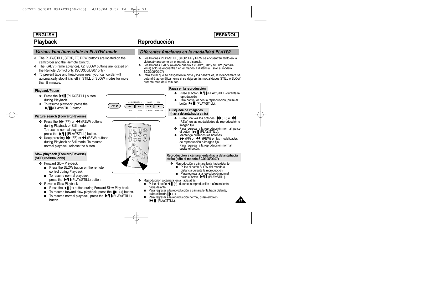 Reproducción playback | Samsung SC-D305-XAP User Manual | Page 71 / 106