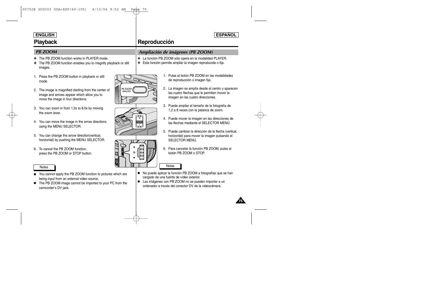 Reproducción playback | Samsung SC-D305-XAP User Manual | Page 75 / 106