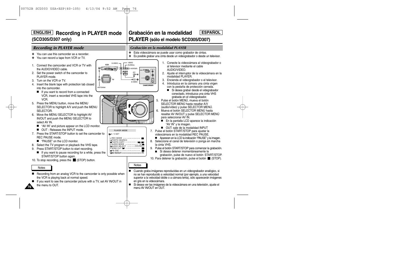 Recording in player mode, Grabación en la modalidad player | Samsung SC-D305-XAP User Manual | Page 76 / 106