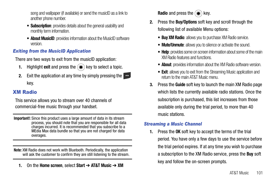 Xm radio | Samsung SGH-I627MAAATT User Manual | Page 104 / 154