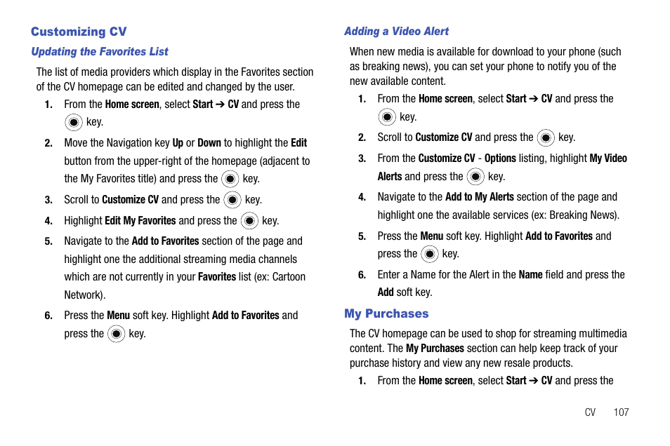 Customizing cv, My purchases, Customizing cv my purchases | Samsung SGH-I627MAAATT User Manual | Page 110 / 154