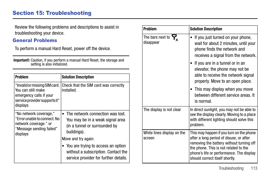 Section 15: troubleshooting, General problems | Samsung SGH-I627MAAATT User Manual | Page 116 / 154