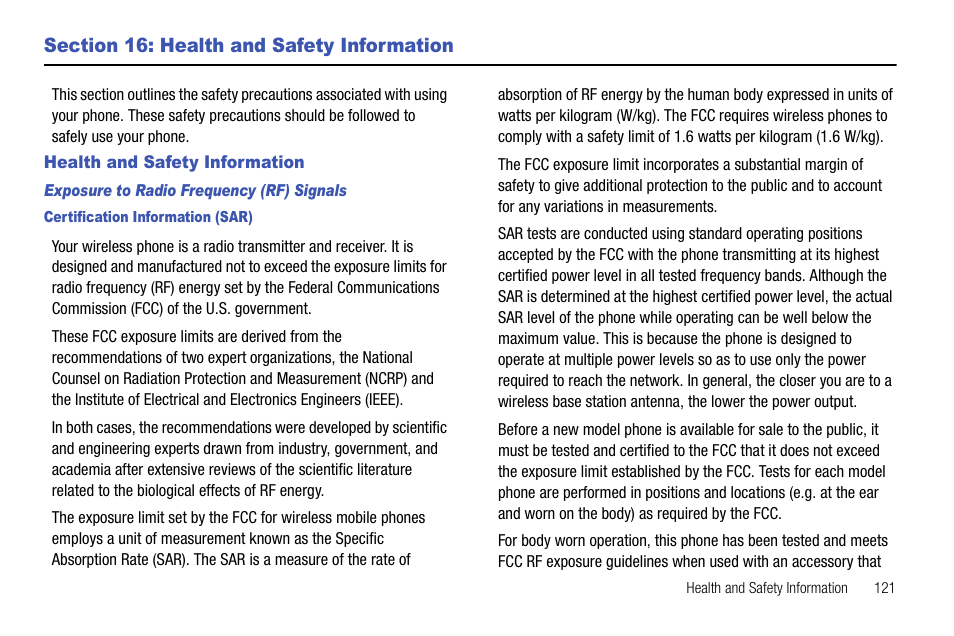 Section 16: health and safety information, Health and safety information | Samsung SGH-I627MAAATT User Manual | Page 124 / 154