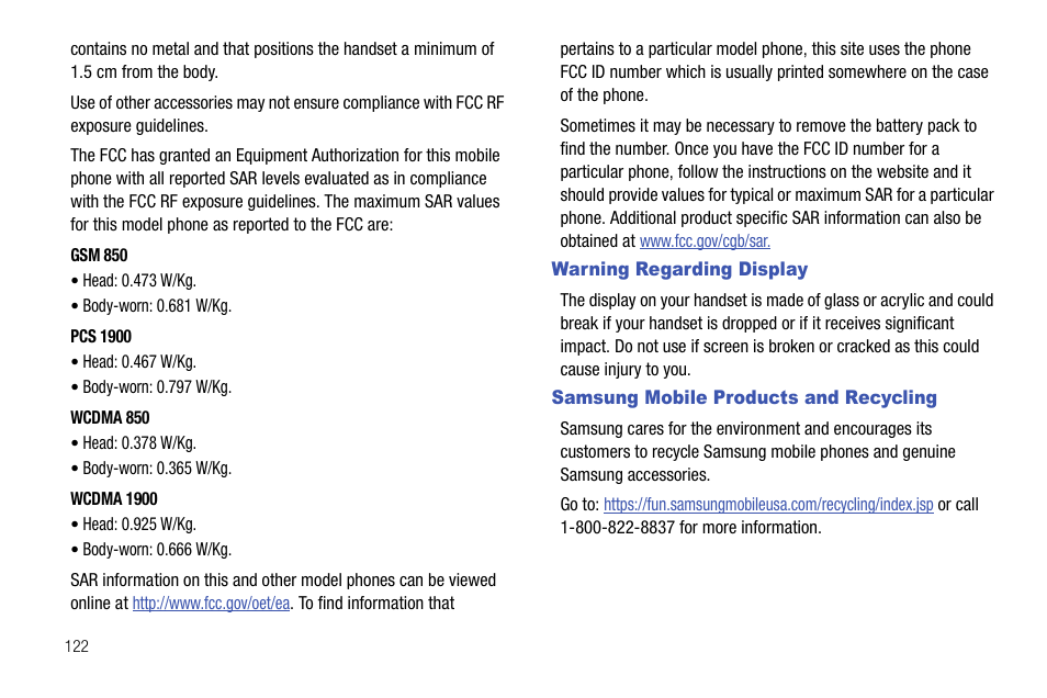 Warning regarding display, Samsung mobile products and recycling | Samsung SGH-I627MAAATT User Manual | Page 125 / 154