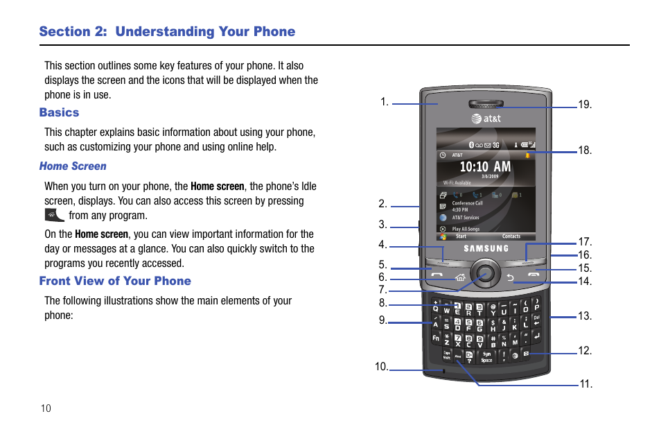 Section 2: understanding your phone, Basics, Front view of your phone | Basics front view of your phone | Samsung SGH-I627MAAATT User Manual | Page 13 / 154