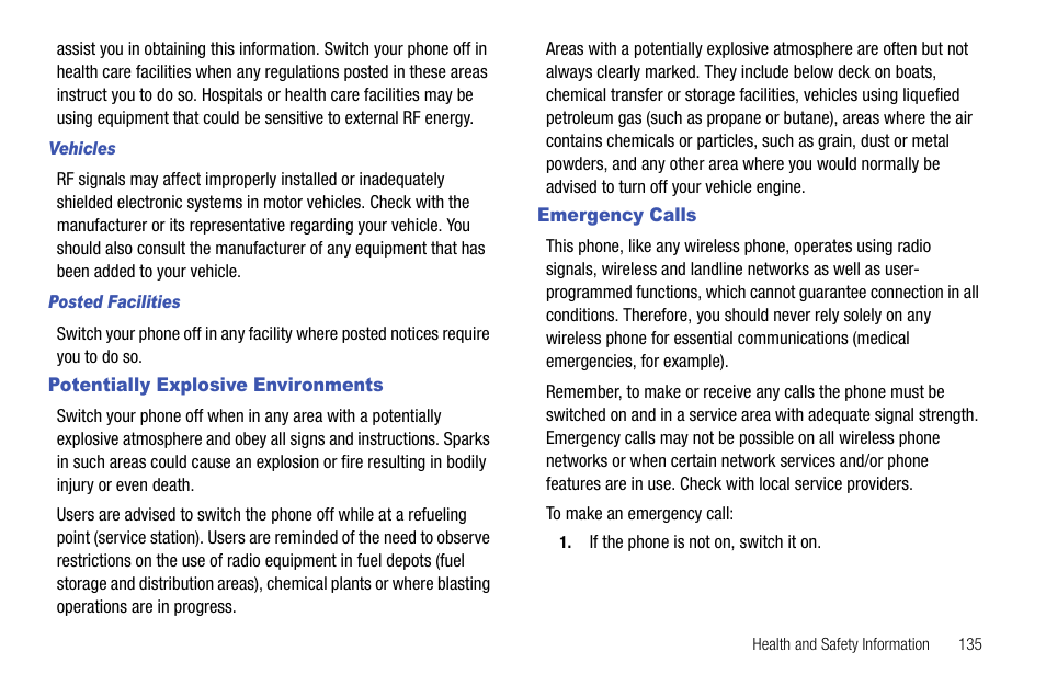 Potentially explosive environments, Emergency calls, Potentially explosive environments emergency calls | Samsung SGH-I627MAAATT User Manual | Page 138 / 154