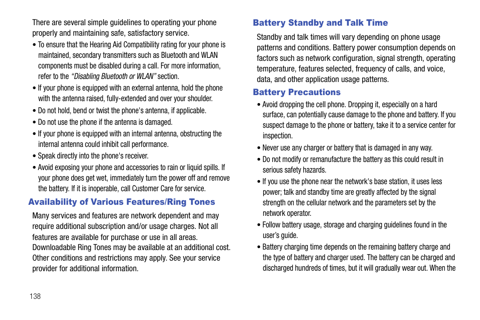 Availability of various features/ring tones, Battery standby and talk time, Battery precautions | Samsung SGH-I627MAAATT User Manual | Page 141 / 154