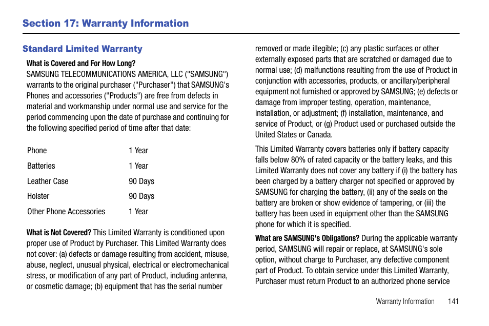 Section 17: warranty information, Standard limited warranty | Samsung SGH-I627MAAATT User Manual | Page 144 / 154