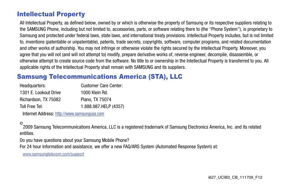 Intellectual property, Samsung telecommunications america (sta), llc | Samsung SGH-I627MAAATT User Manual | Page 2 / 154