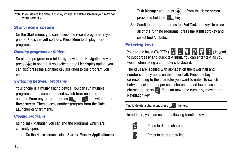 Start menu screen, Entering text, Start menu screen entering text | Samsung SGH-I627MAAATT User Manual | Page 21 / 154