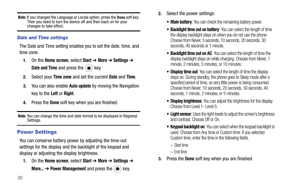 Power settings | Samsung SGH-I627MAAATT User Manual | Page 23 / 154