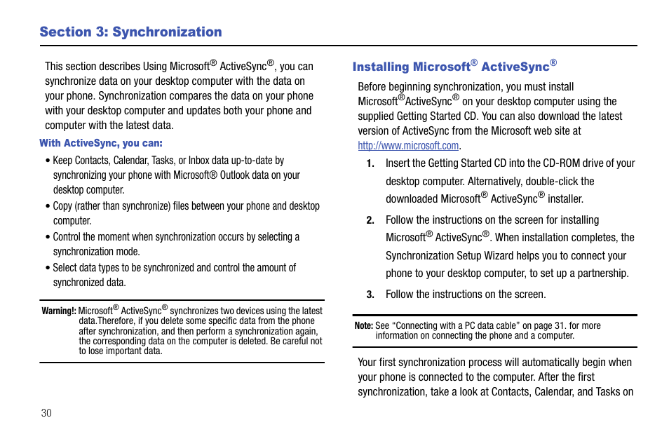 Section 3: synchronization, Installing microsoft® activesync, Installing microsoft | Samsung SGH-I627MAAATT User Manual | Page 33 / 154