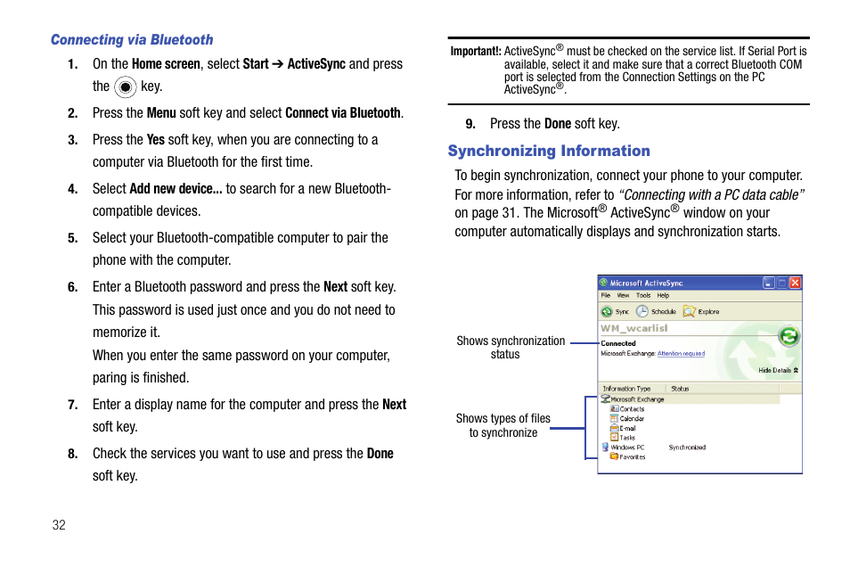 Synchronizing information | Samsung SGH-I627MAAATT User Manual | Page 35 / 154