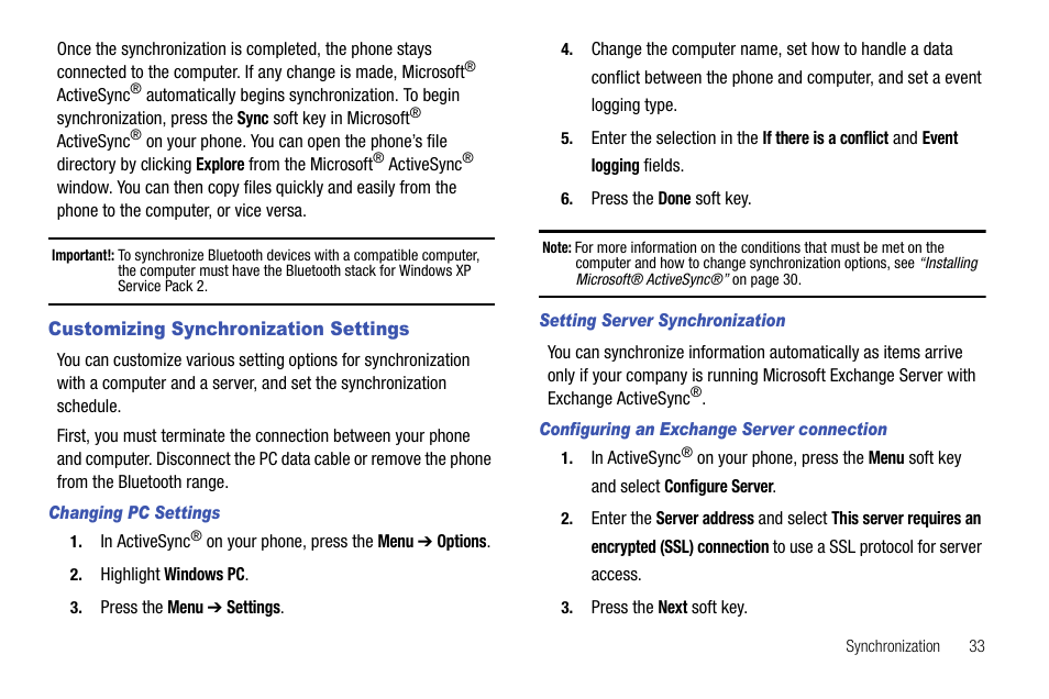 Customizing synchronization settings | Samsung SGH-I627MAAATT User Manual | Page 36 / 154